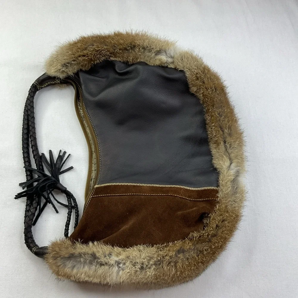 Maxx New York Purse Hobo Brown Leather Suede Fur Bag Shoulder Leather